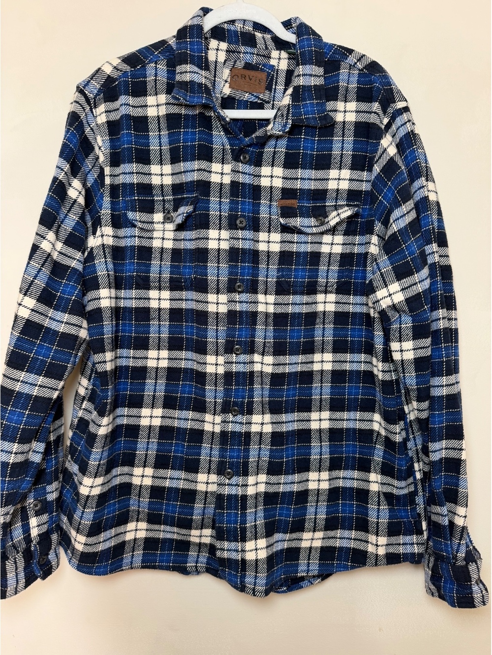 Orvis Men's XL Blue and White Plaid Cotton Flannel Shacket.